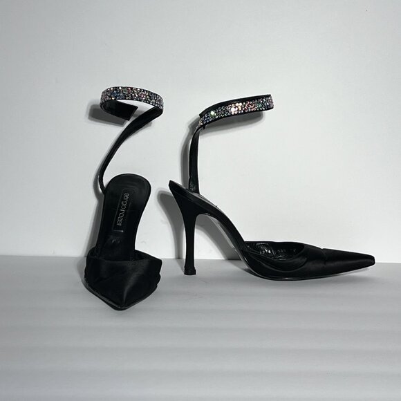 Sergio Rossi Swarovski Crystal Ankle Wrap High Heel Black Satin Shoe Sz 38 - Picture 12 of 15